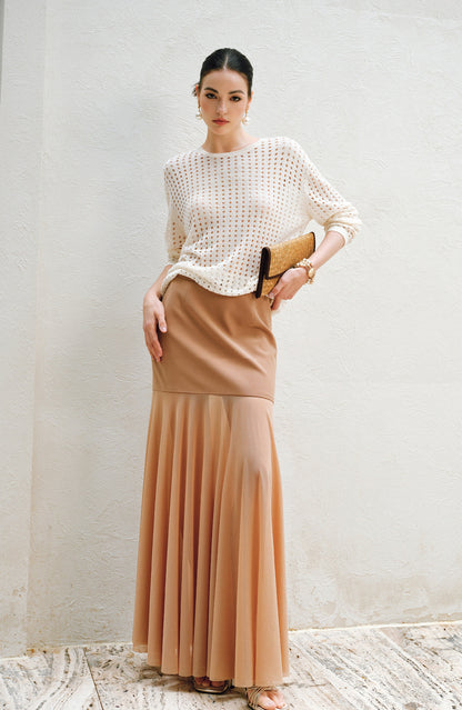 WANGXO | Twill Roman Knit with Lightweight Sheer Paneling  A-Line Hem Flowing Skirt  -RAYA