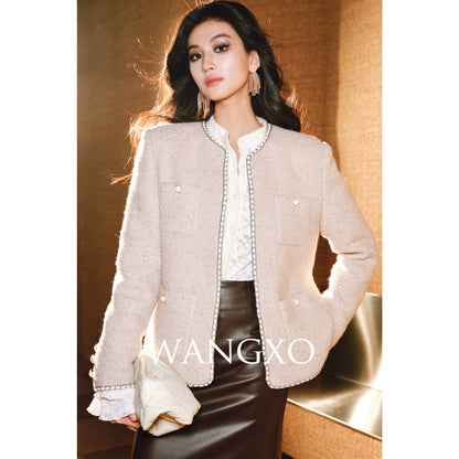 WANGXO | Silk Wool Tweed White Duck Down Jacket-ZAYA.
