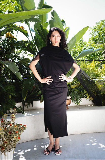 TUYUE black elegant slim trailing maxi side slit dress- TANE.