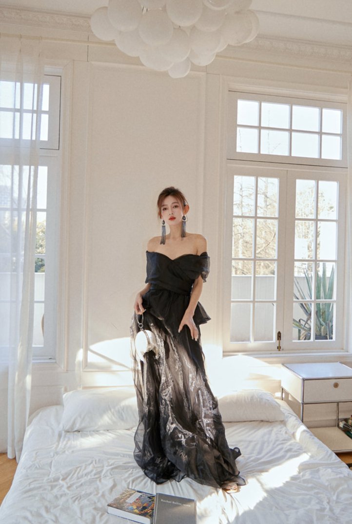 DOLLY Luxury Black Retro Style Off Shoulder Short Sleeve Long Banquet Dress-QUINNY