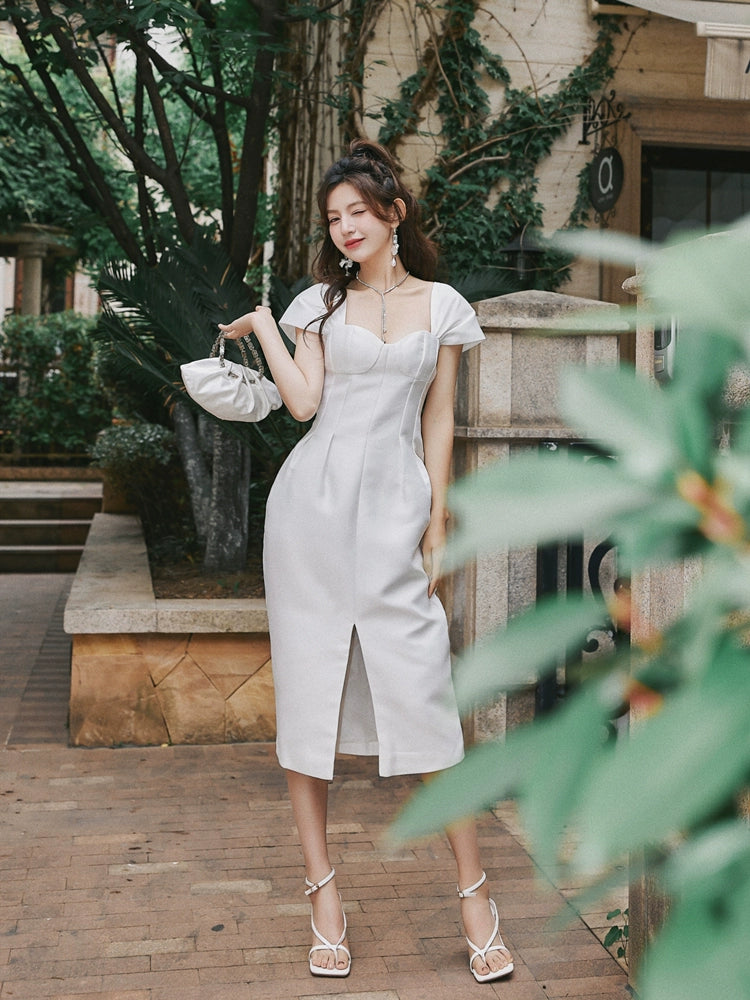 DOLLY Luxury French Style Square Collar Short Puff Sleeves Flower Bud Midi Dress-SARAH