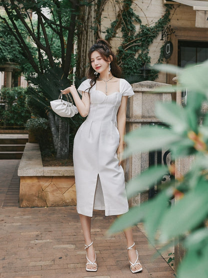 DOLLY Luxury French Style Square Collar Short Puff Sleeves Flower Bud Midi Dress-SARAH