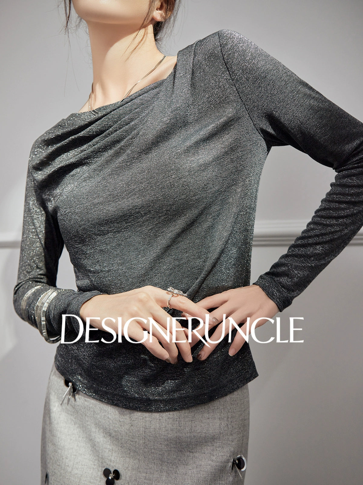 DGU "Ink Realm" gray long-sleeved loose commuting slimming and versatile high-end top - YAN.