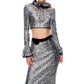 High-end silver sequin feather embellished long pencil cocktail skirt + top set