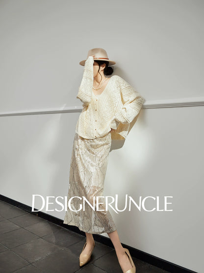 DGU "Light Grapefruit" apricot knitted sweater cut-out loose and versatile high-end top - GREC.