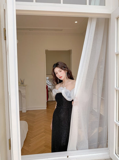 DOLLY Luxury Black Off Shoulder White Ruffle Chest Wrap Long Banquet Dress-NOLA