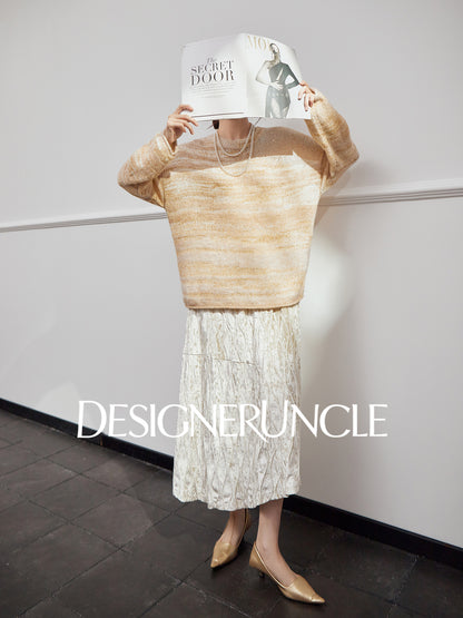 DGU|Orange and yellow sweater women's new soft waxy crew neck loose lazy design knitted top - BASE.