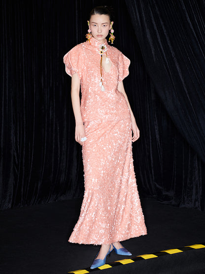 M essential Mackay designer label orange embroidered stand-up collar frame structure slim top - DEMI.