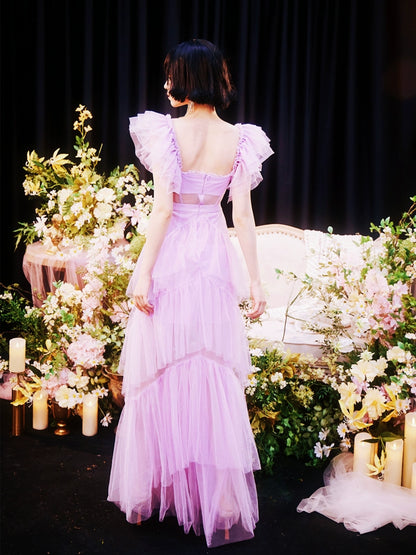 DOLLY High End Square Collar Short Ruffle Sleeves High Waist French Style Dress-MARIANA