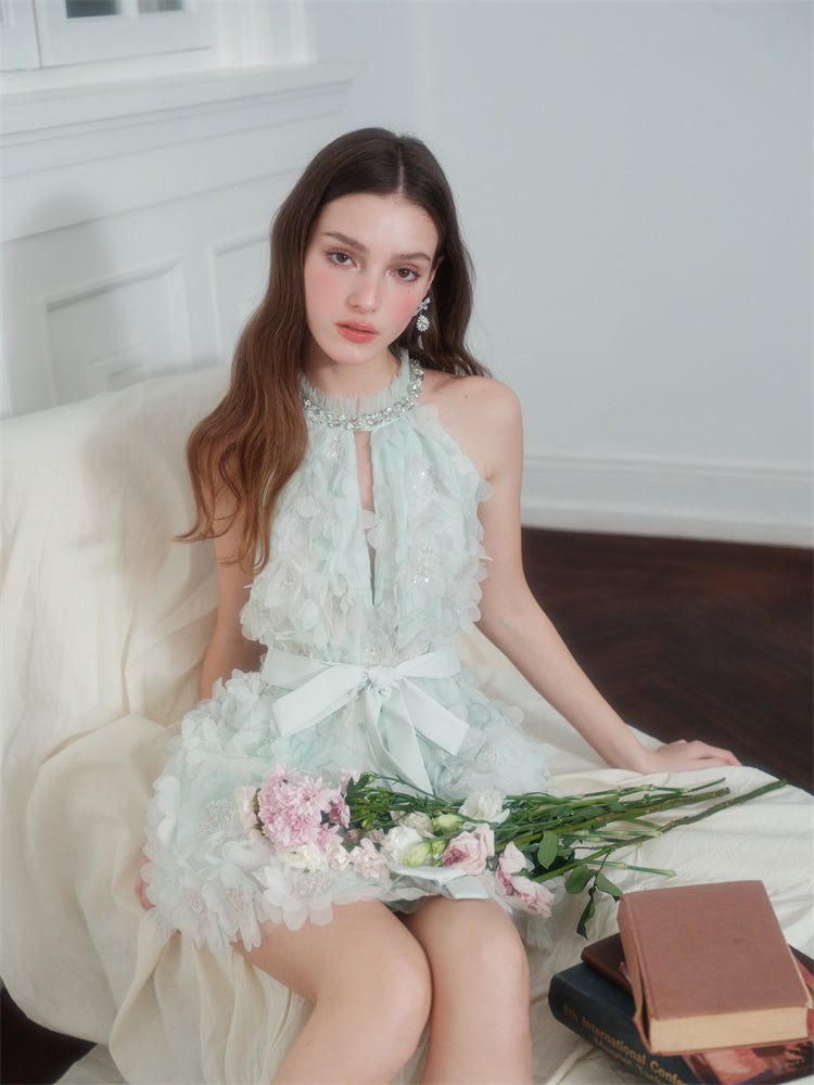 Wardrobes by Chen Luxury Pastel Green Ribbon Floral wedding guest bridal Dress-Onna