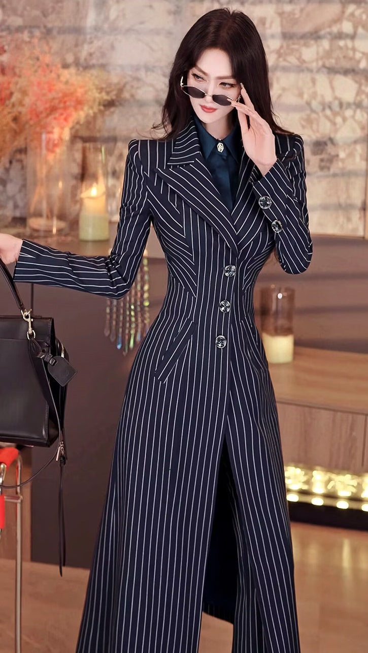 VJE Striped Trench Coat Flared Pants Two-Piece Set-NICH.