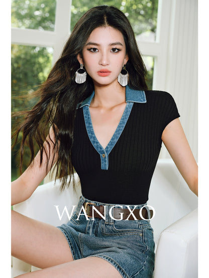 WANGXO | Soft Glutinous Knit & Contrasting High-Quality Denim V-Neck Slim Top -NIVA