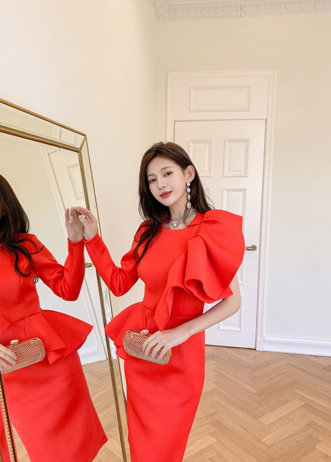 DOLLY Elegant Red Sloping Shoulder Ruffle Long Sleeve Midi Dinner Dress-KIMBRA
