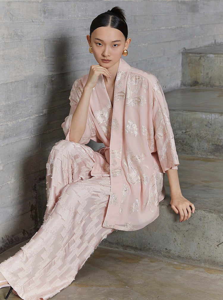 HECO jacquard loose thin wide-leg high waisted black pink apricot PANTS women - PURPOSE.