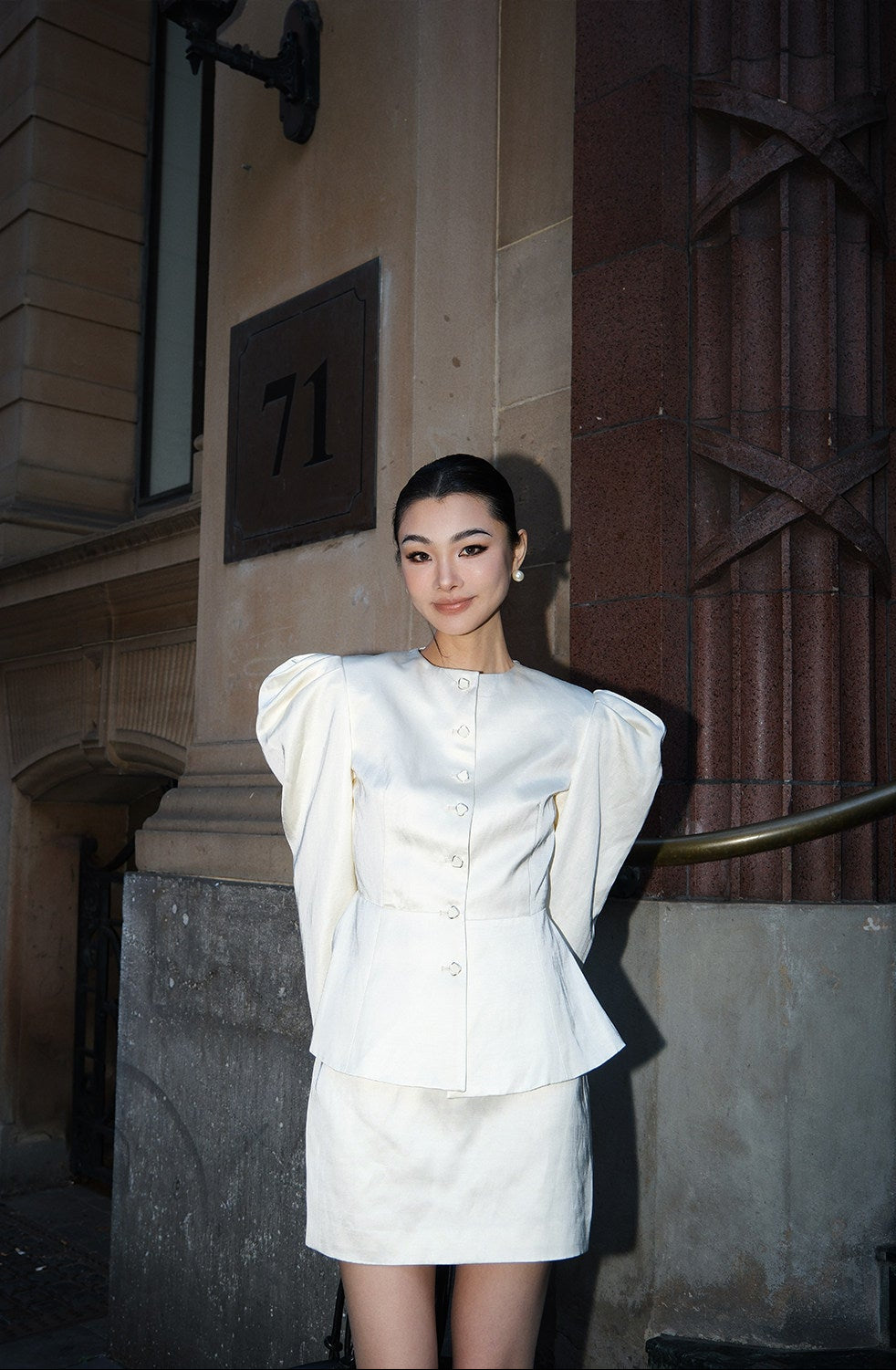 MEI SANGUAN white French retro puff sleeve top hip-hugging skirt set - ALARIC