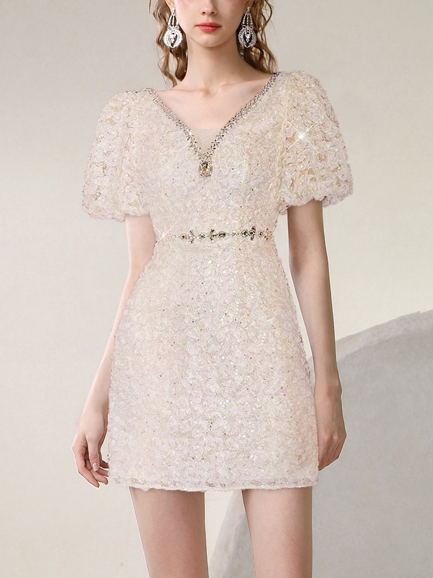 CHECOCRE summer new high-end fashion puff sleeve nail diamond dress - ROAR.