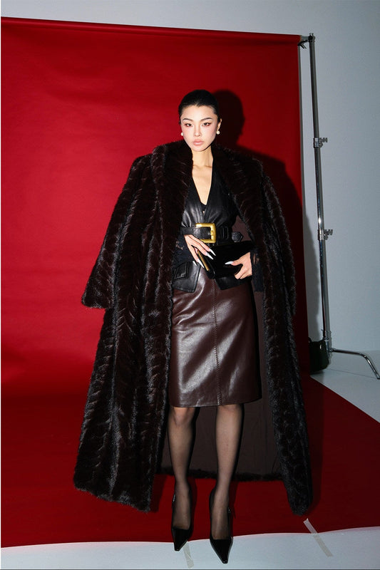MEI SANGUAN Slavic coffee-colored imitation mink coat - ZOEY