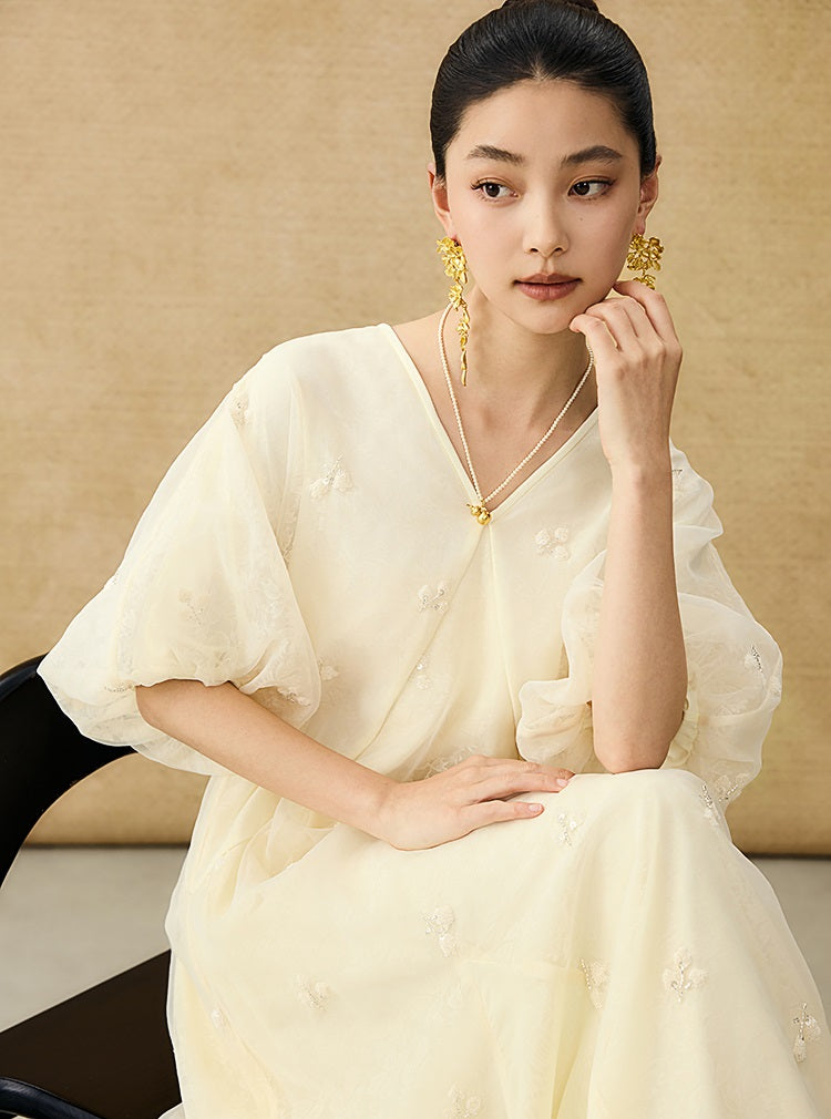 HECO  New Chinese Embroidered V-Neck Puff Sleeve Dress - CORAINE.