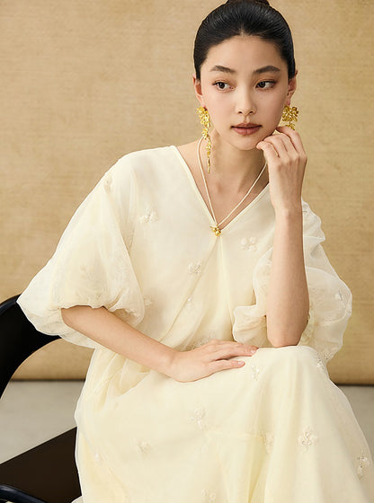 HECO  New Chinese Embroidered V-Neck Puff Sleeve Dress - CORAINE.