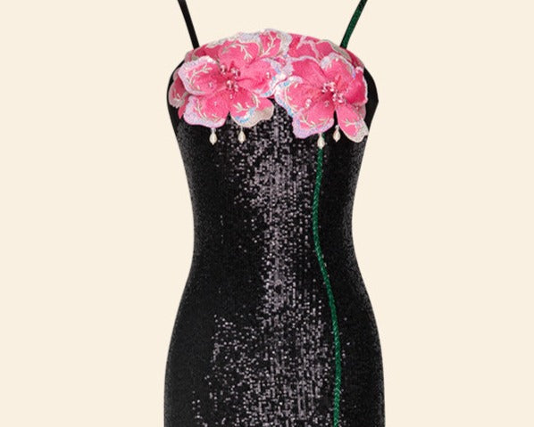 Magic Q hand-beaded embroidered peony suspender premium sequin black dress