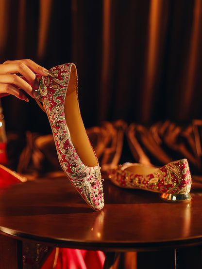 Pjjuu Red Flat Xiuhe Wedding Dress Dual-purpose Toast Shoes- AMANDA