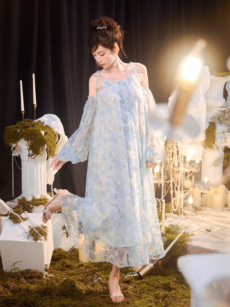 DOLLY Elegant Blue French Style Floral Off Shoulder Loose Glitter Resort Dress-TEE