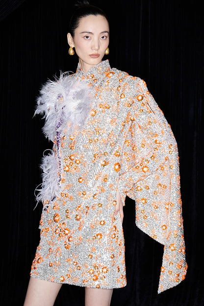 M essential Mackay designer vermilion embroidery iris ostrich feather bead dress - GINA.