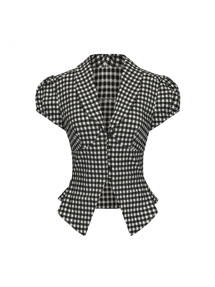 Le Palais Vintage Black & White Plaid Slim Puff Sleeve Shirt-ARARAGI.