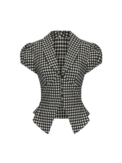 Le Palais Vintage Black & White Plaid Slim Puff Sleeve Shirt-ARARAGI.