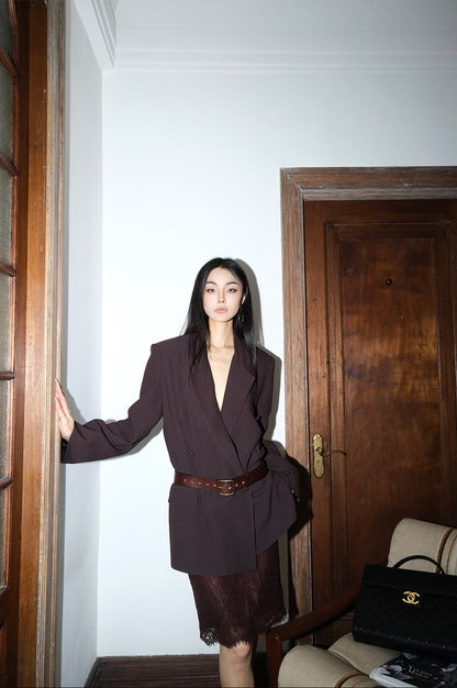 MEI SANGUAN sandalwood brown thin double-breasted blazer - INDIE