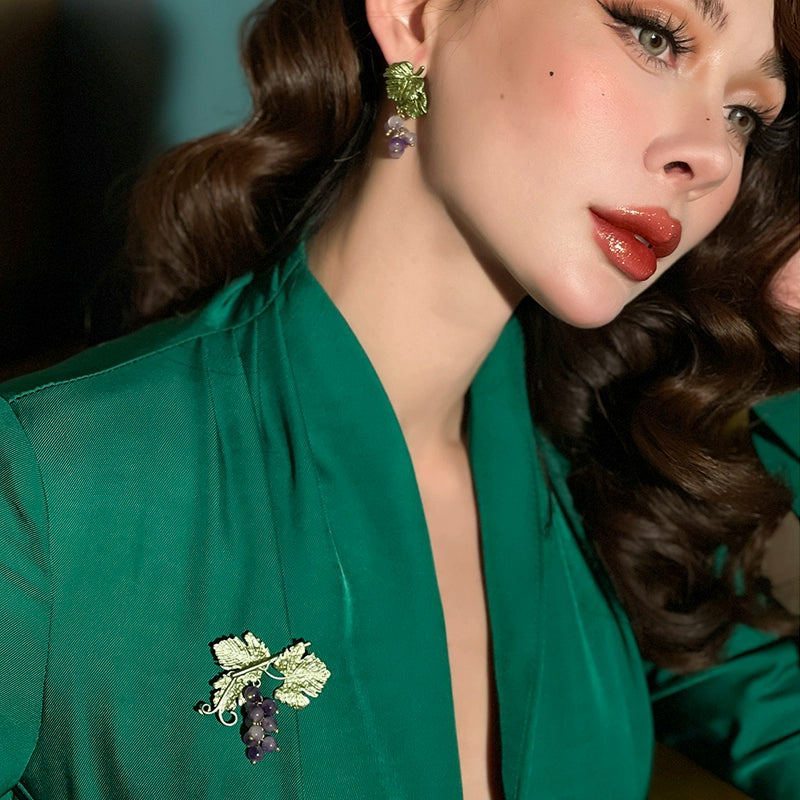 Le Palais Vintage Retro Elegant Small Mini Grape Earrings + Grape Brooch-Quincy.