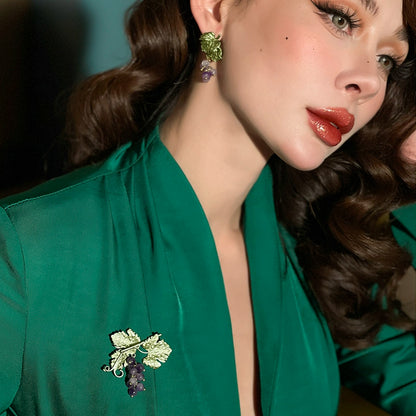 Le Palais Vintage Retro Elegant Small Mini Grape Earrings + Grape Brooch-Quincy.
