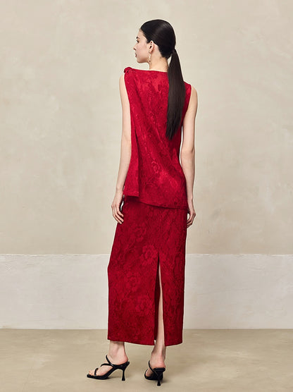 HECO Acetate Jacquard Rear Slit High Waist Slim Red Black White A-line Skirt Woman - KINGDOM.