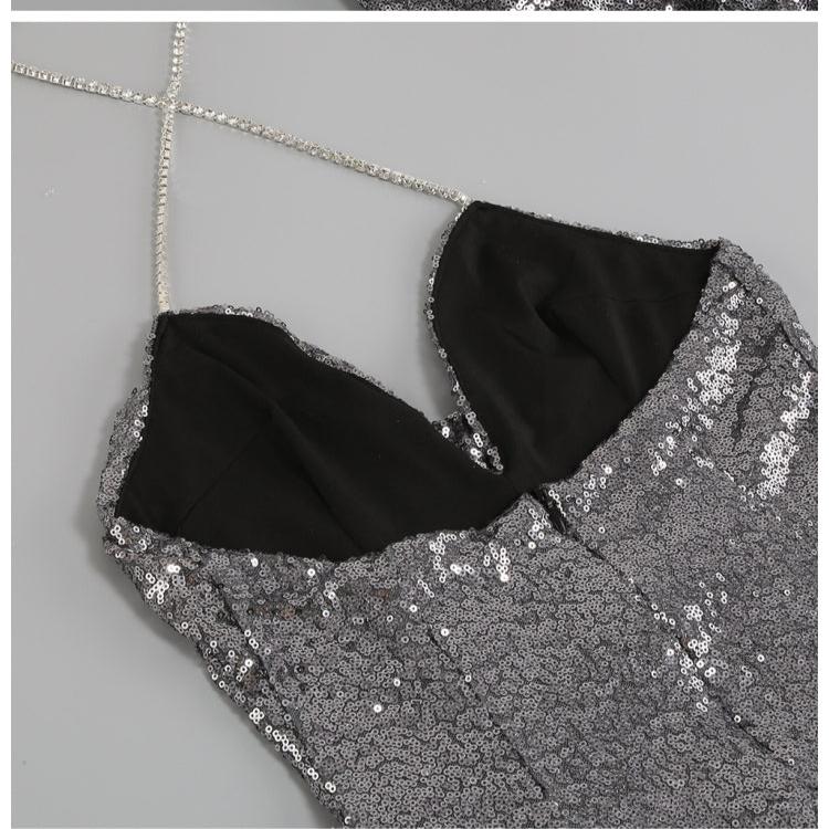 DOLLY High End V-Neck Sleeveless Long Slit Sequin Body Hug Evening Dress-KIM