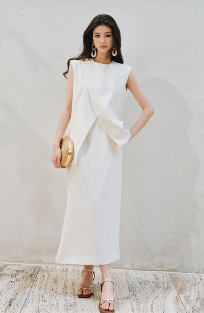 WANGXO | Imported Twisted Drape Fabric Elegant Commuter-Style Diagonal Placket with Loose Pleated Slit Vest & Skirt Suit Set -NALA