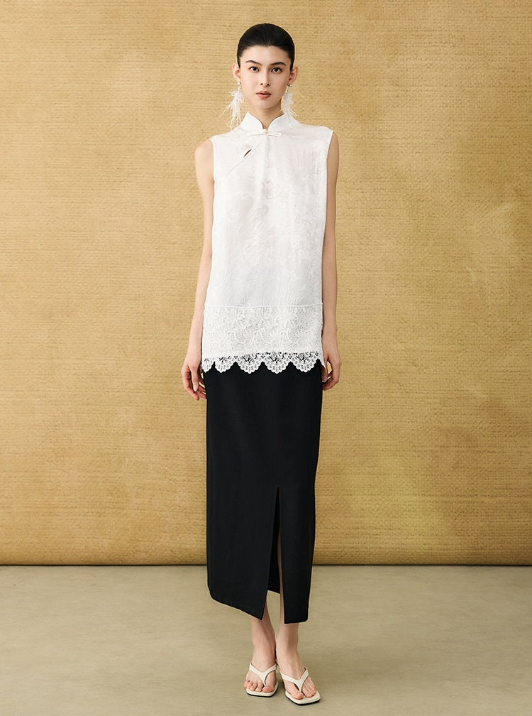 HECO Chinese diagonal placket buckle cool lion jacquard sleeveless top - CONNECT.