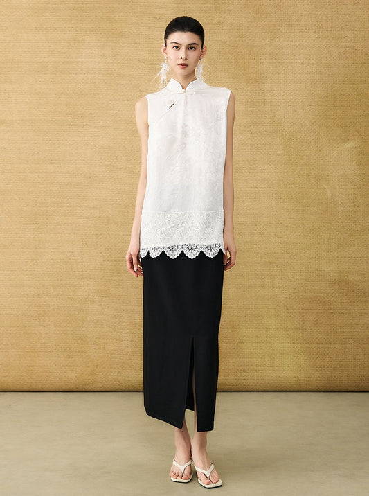 HECO Chinese diagonal placket buckle cool lion jacquard sleeveless top - CONNECT.