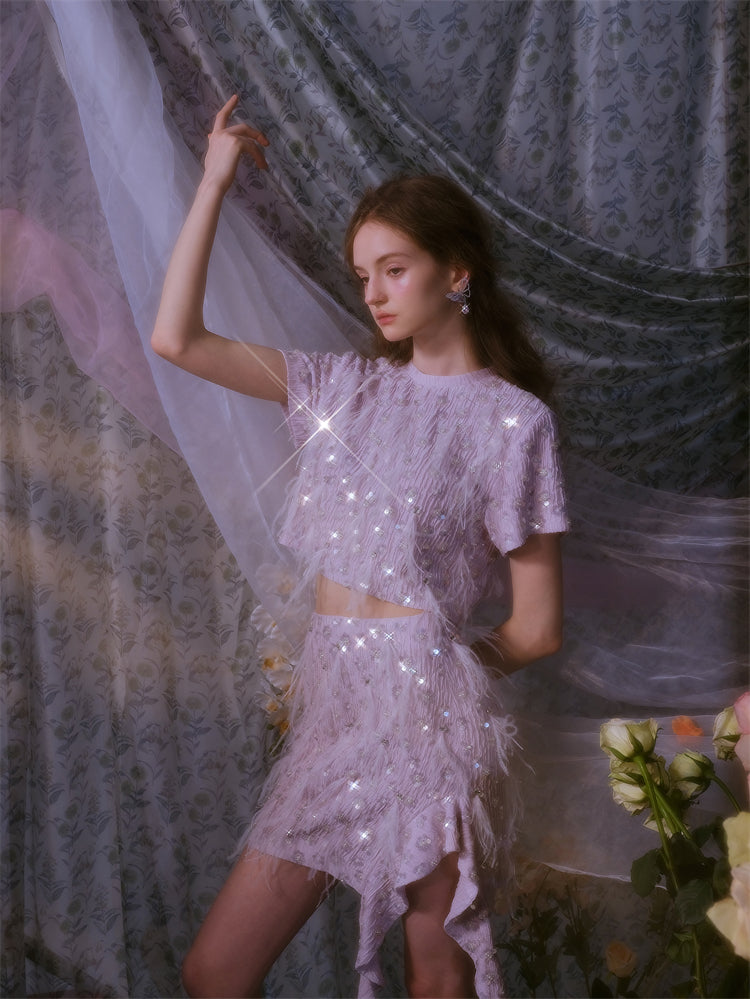 Wardrobes by Chen Elegant Short Sleeve Diamond Feather Top/Short Skirt- Milo