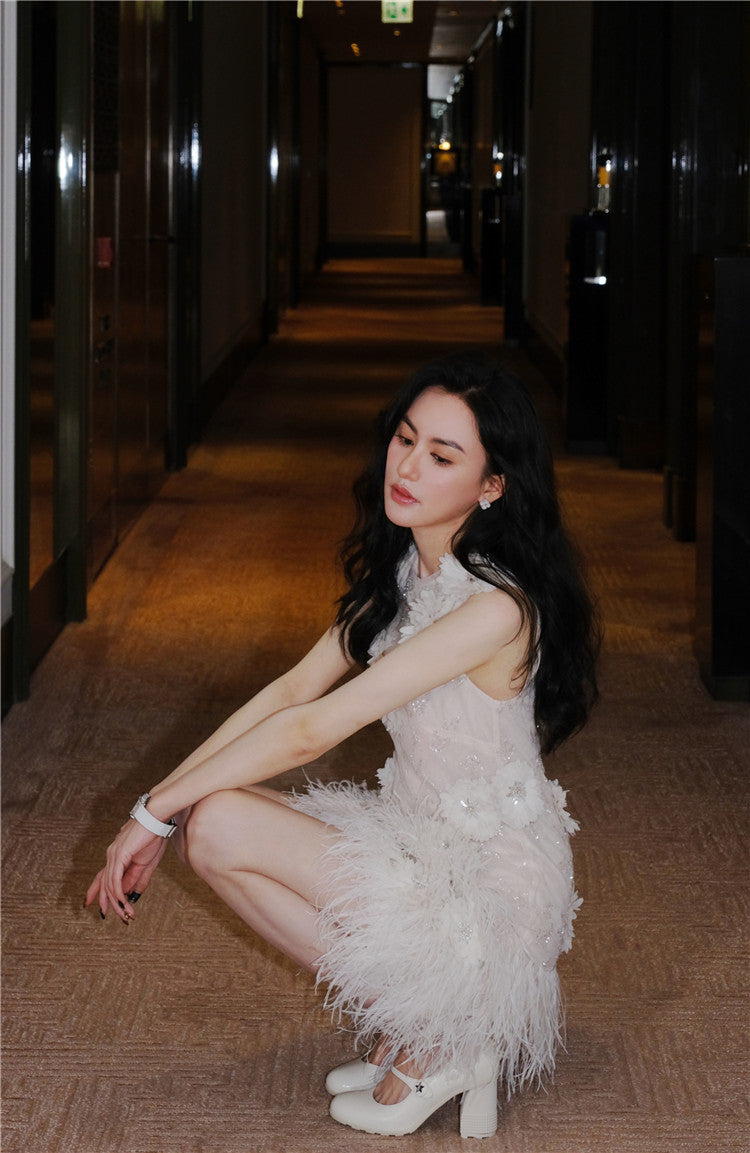 Wardrobes by Chen Luxury White Couture Embroidered Floral Feather bridal Dress- Sade