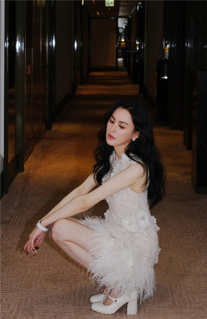 Wardrobes by Chen Luxury White Couture Embroidered Floral Feather bridal Dress- Sade