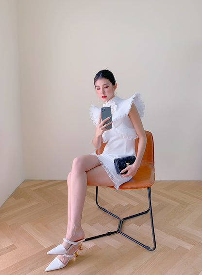 DOLLY Elegant White/Black Stand Collar Short Sleeve Slim Fit Short Fringe Dress-FRIYA