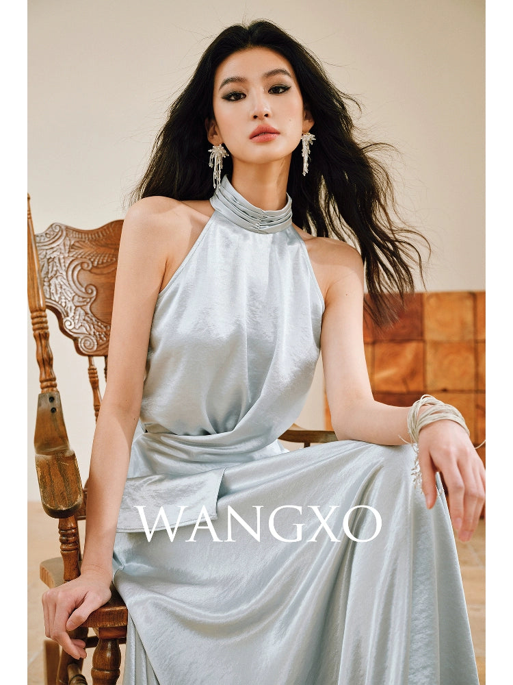 WANGXO | Pearl Lustrous Luxury Gilt Satin  Halterneck Folded Waist Top & High-Waisted Umbrella Skirt Set - ARIA