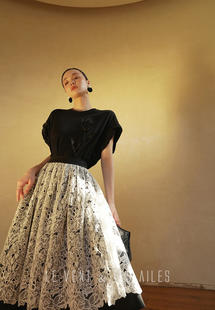 LE VENT&TES AILES French embroidery lace elegant A-line fill skirt-ESME