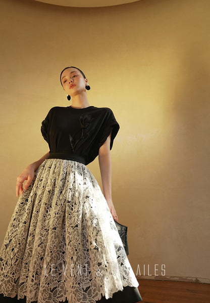 LE VENT&TES AILES French embroidery lace elegant A-line fill skirt-ESME