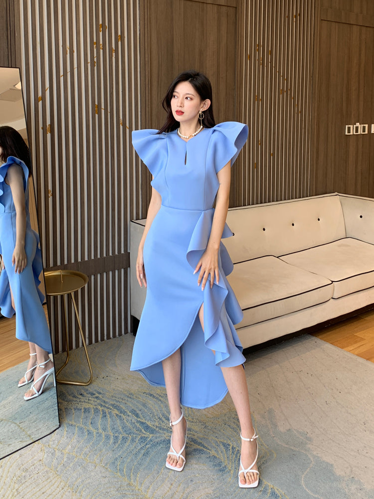 DOLLY Luxury V-Neck Short Sleeve High waist Slim Fit Irregular Hem Date Dress-LISA