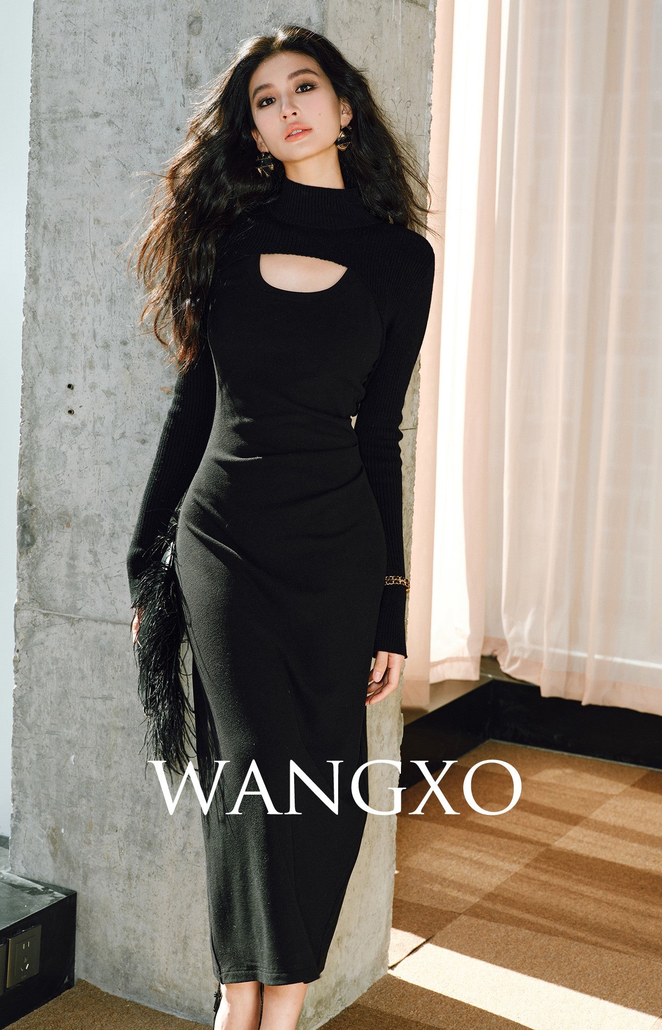 WANGXO | Delicate 12-Needle Wool Pit Texture U-Neck Side Pleated Dress- RINA.