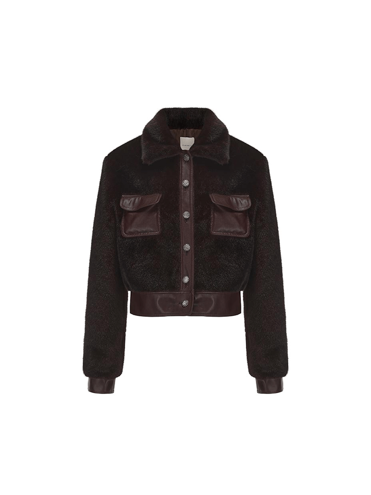 ATELIER MISS LU Vintage Pocket Stitched Faux Fur Short Jacket - HONEY.