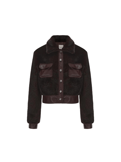 ATELIER MISS LU Vintage Pocket Stitched Faux Fur Short Jacket - HONEY.