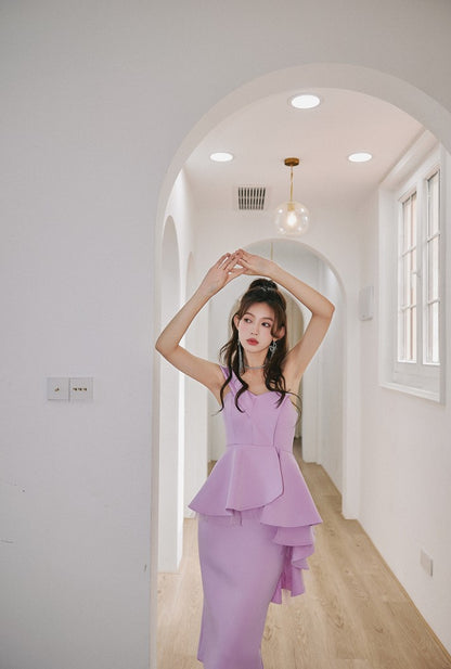 DOLLY High End Ruffled Fake Two Piece French Lace Off Shoulder Midi Office Dress-BRYONY