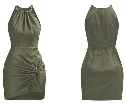 CHECOCRE Summer Chain Round Neck Asymmetrical Twist Army Green Hip Dress - STEPHAN.